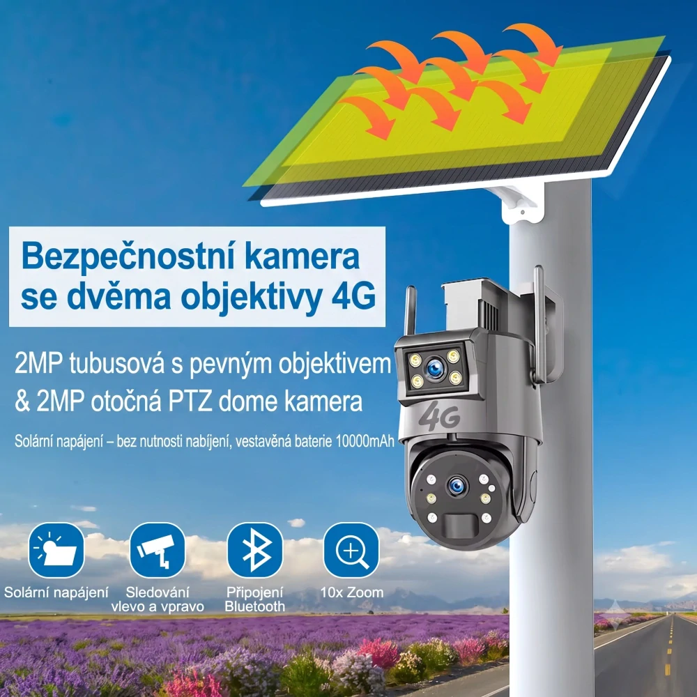 Bezpečnostní duální 4G kamera s roční výdrží a solárním panelem - P9