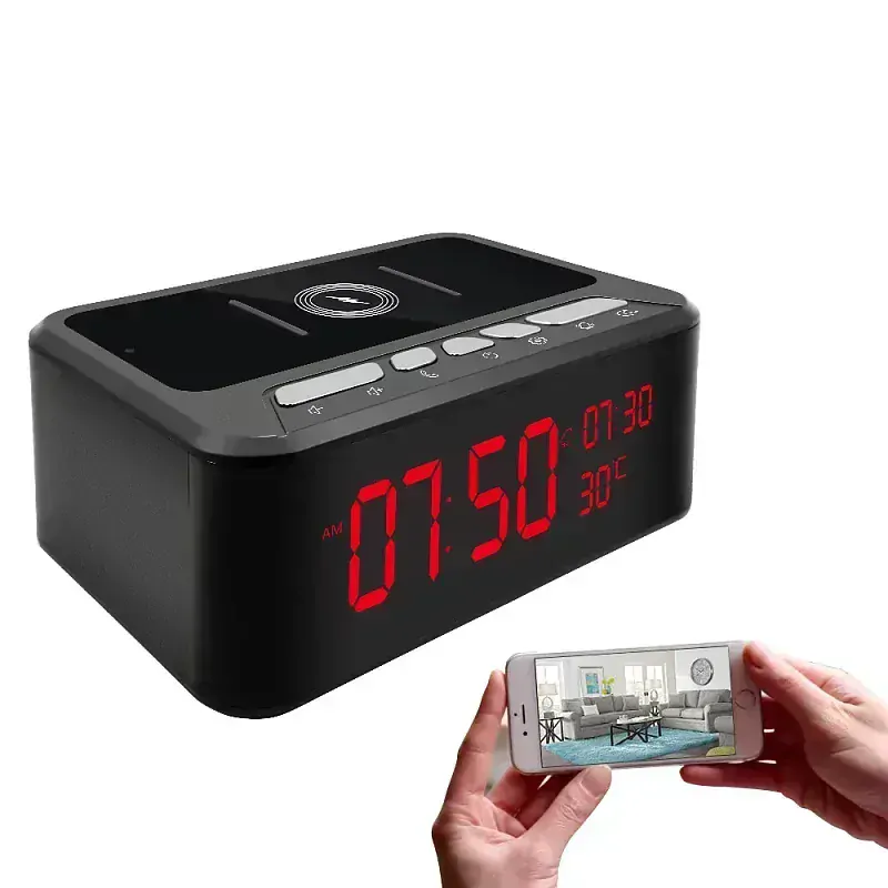 Budík s IP kamerou, bluetooth reproduktorem a bezdrátovým dobíjením - IP019