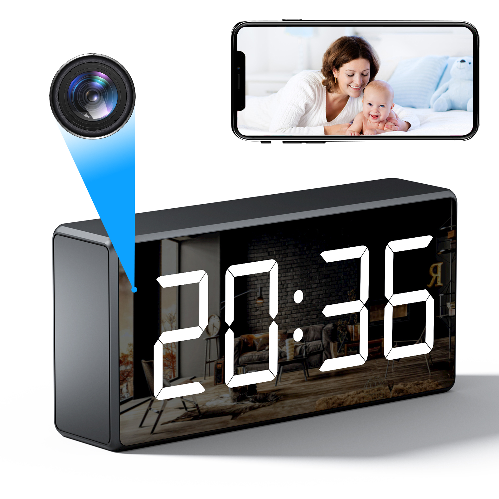 Digitální hodiny se krytou Full HD IP kamerou - B19
