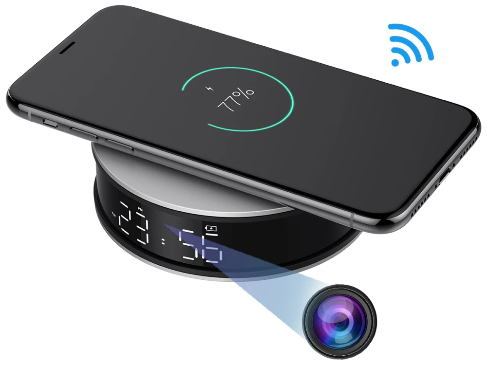 Špionážní budík se skrytou Full HD IP kamerou a bezdrátovým dobíjením - H300